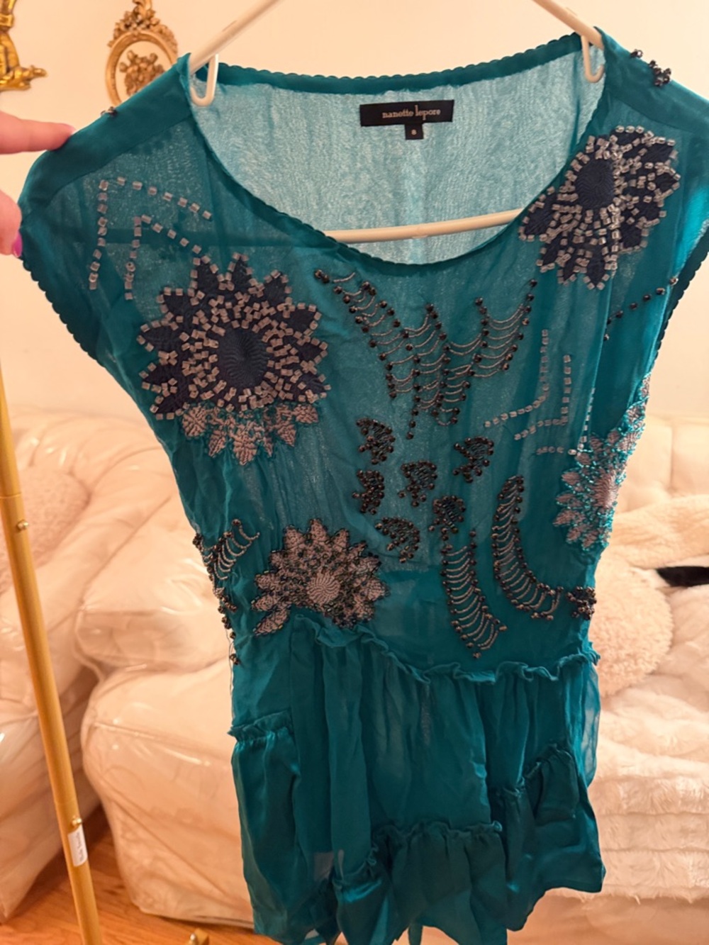 Nanette Lepore Teal Sheer Beaded Floral Tunic